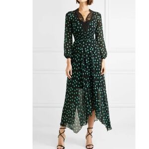 Maje Asymmetric Lace-Trimmed Printed Chiffon Dress in Black - Size Medium